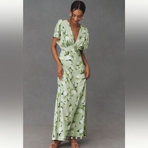 BHLDN Leila Deep-V flutter-sleeve satin a-line gown